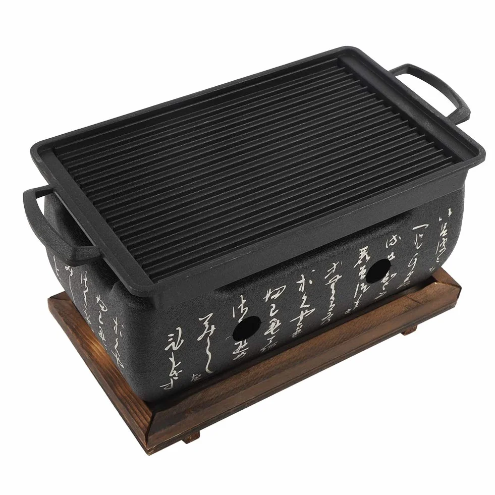 Japoński piec do grillowania, grill BBQ, 24 x 12,5 x 11,5 cm, mini grill stołowy z blachą do pieczenia, kratką drucianą i podstawą drewnianą, przenośny grill na piec, japoński piec na węgiel drzewny