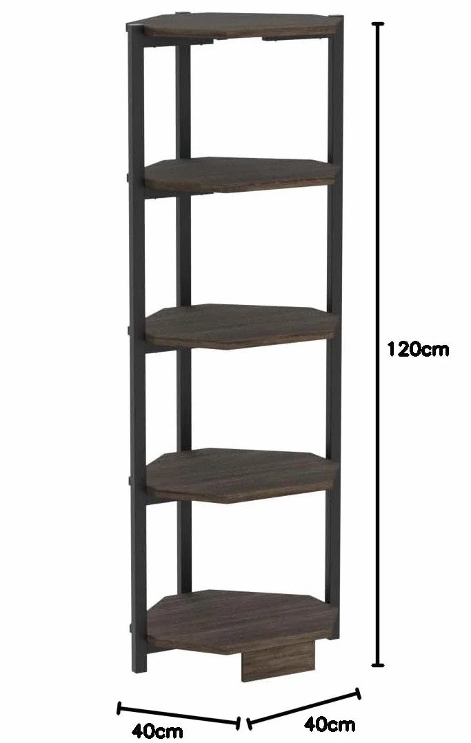 BAKAJI Półka narożna 5 półek metalowa rama drewniane blaty regał narożny Wielofunkcyjny regał narożny szafka kuchenna łazienka rozmiar 40 x 40 x 120 cm nowoczesny design przemysłowy (czarny)