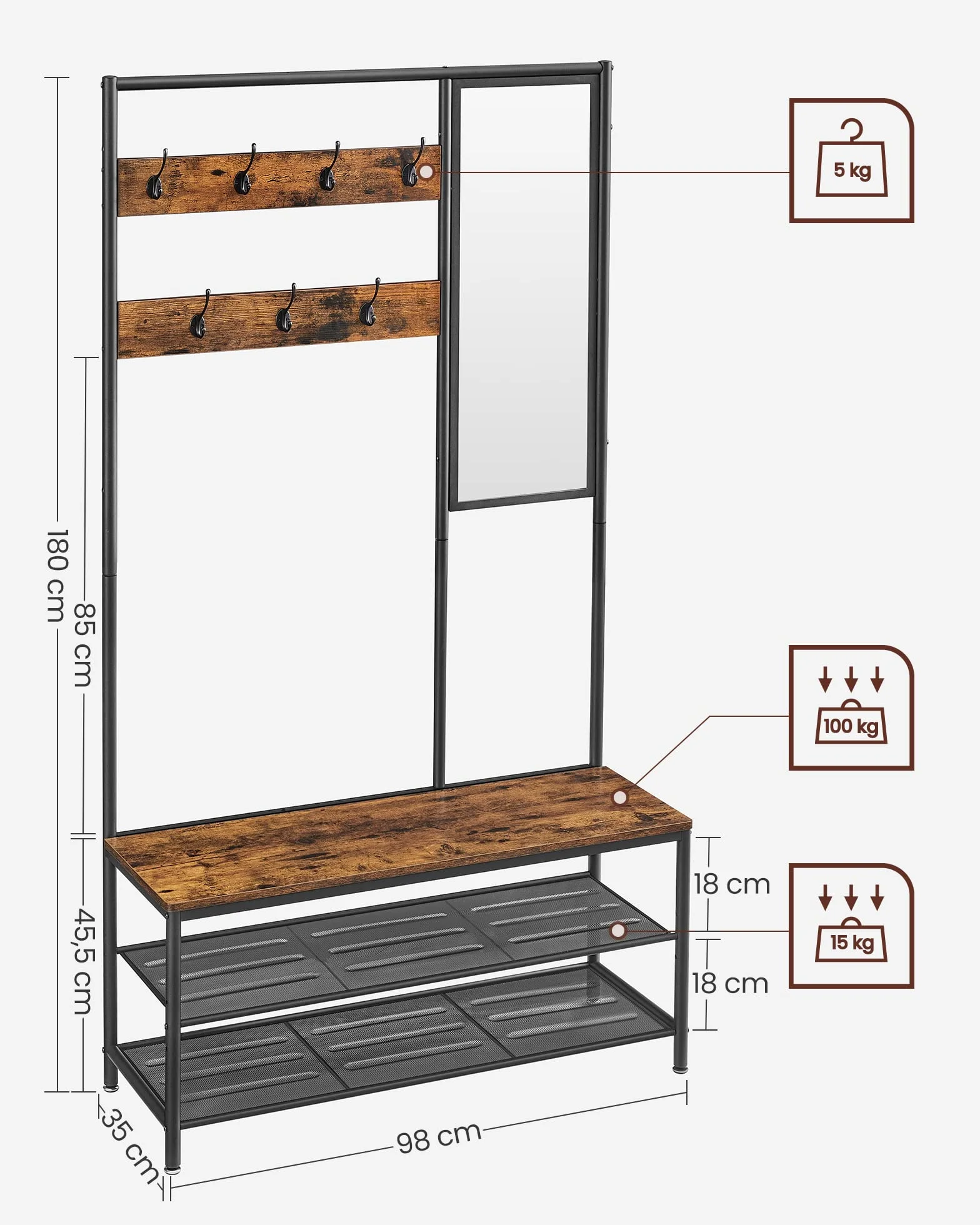 VASAGLE Wieszak na ubrania z organizerem na buty, wieszak na ubrania na korytarz z lustrem, haczykami, ławką i półkami na buty, 35 x 98 x 180 cm, korytarz do sypialni, styl industrialny, rustykalny