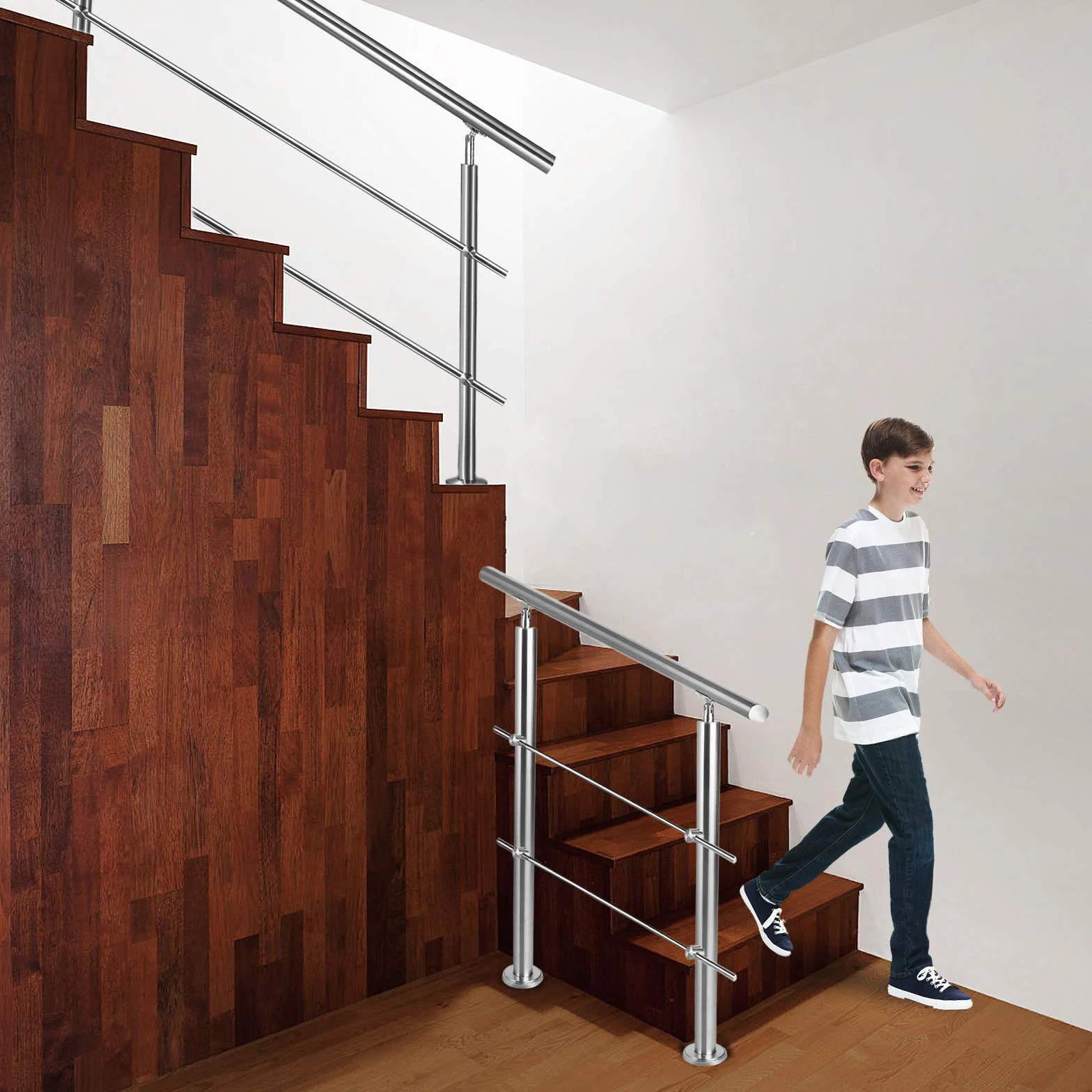 Aufun Poręcz ze stali nierdzewnej, 160 cm, poręcz schodowa do wewnątrz i na zewnątrz, z 2 słupkami, do schodów, balustrady, na balkon (160 cm, 2 poprzeczki)