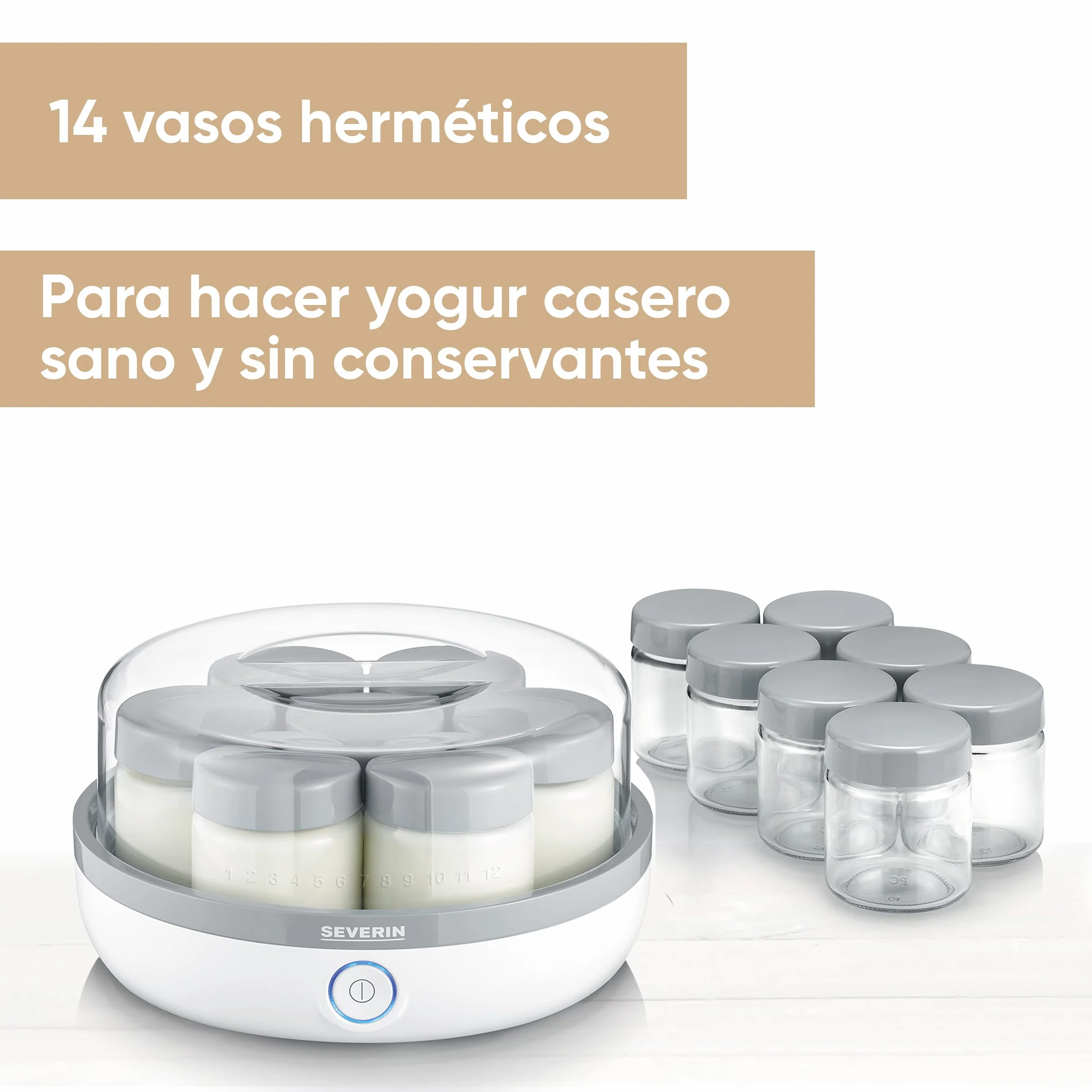 SEVERIN JG 3520 urządzenie do wyrobu jogurtu z wyświetlaczem czasu do przygotowania jogurtu domowego i wegańskiego, zawiera 14 słoików na jogurt z pokrywkami ze szkła, nie zawiera BPA, JG 3520