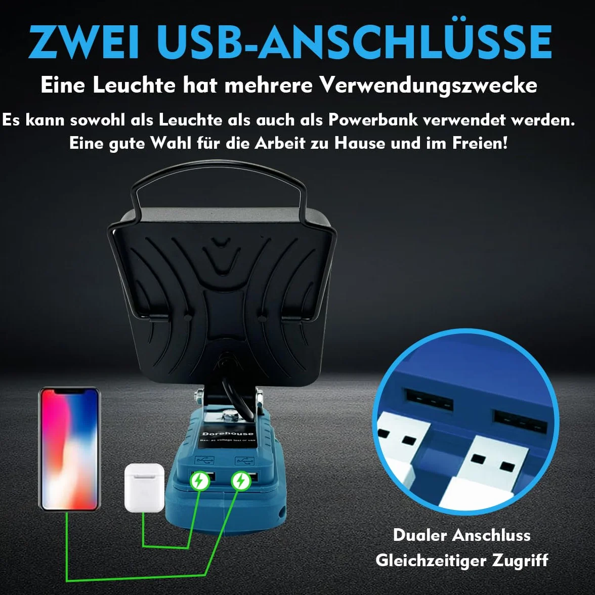 Lampa akumulatorowa do akumulatora Makita 18 V, 48 W, 4800 lm, lampa robocza LED, reflektor przenośny reflektor na plac budowy, z 2 USB, na kemping, naprawy samochodu, zamiennik do Makita DML816 (bez