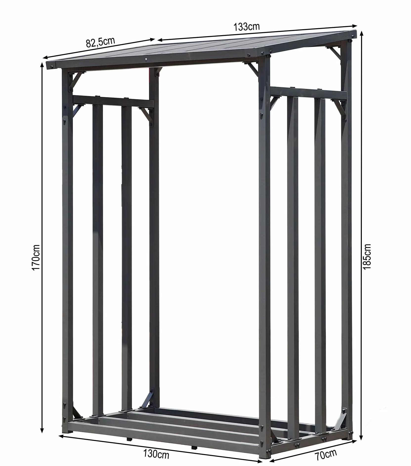 QUICK STAR Metalowy regal na drewno kominkowe, antracytowy 130 x 70 x 185 cm, stojak na drewno opalowe do ogrodu, 1,6 m³ / 2 m³ drewna kominkowego, pomoc do ukladania drewna na zewnatrz.