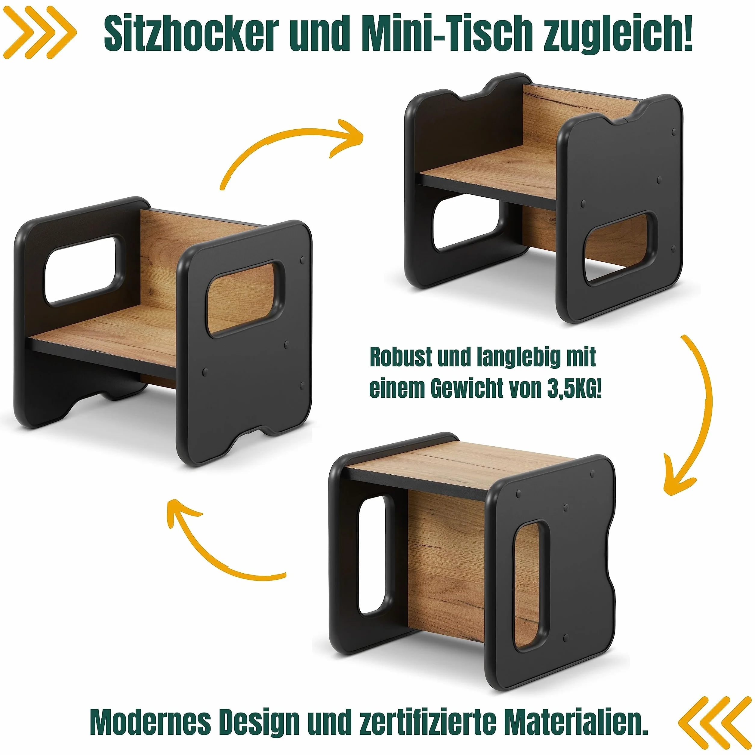 defiPad Taboret do siedzenia dla dzieci | stylowy taboret dwustronny | fotel dziecięcy od 1 roku życia | krzesło dziecięce z drewna | krzesło można przekształcić w stół | pokój dziecięcy Montessori |