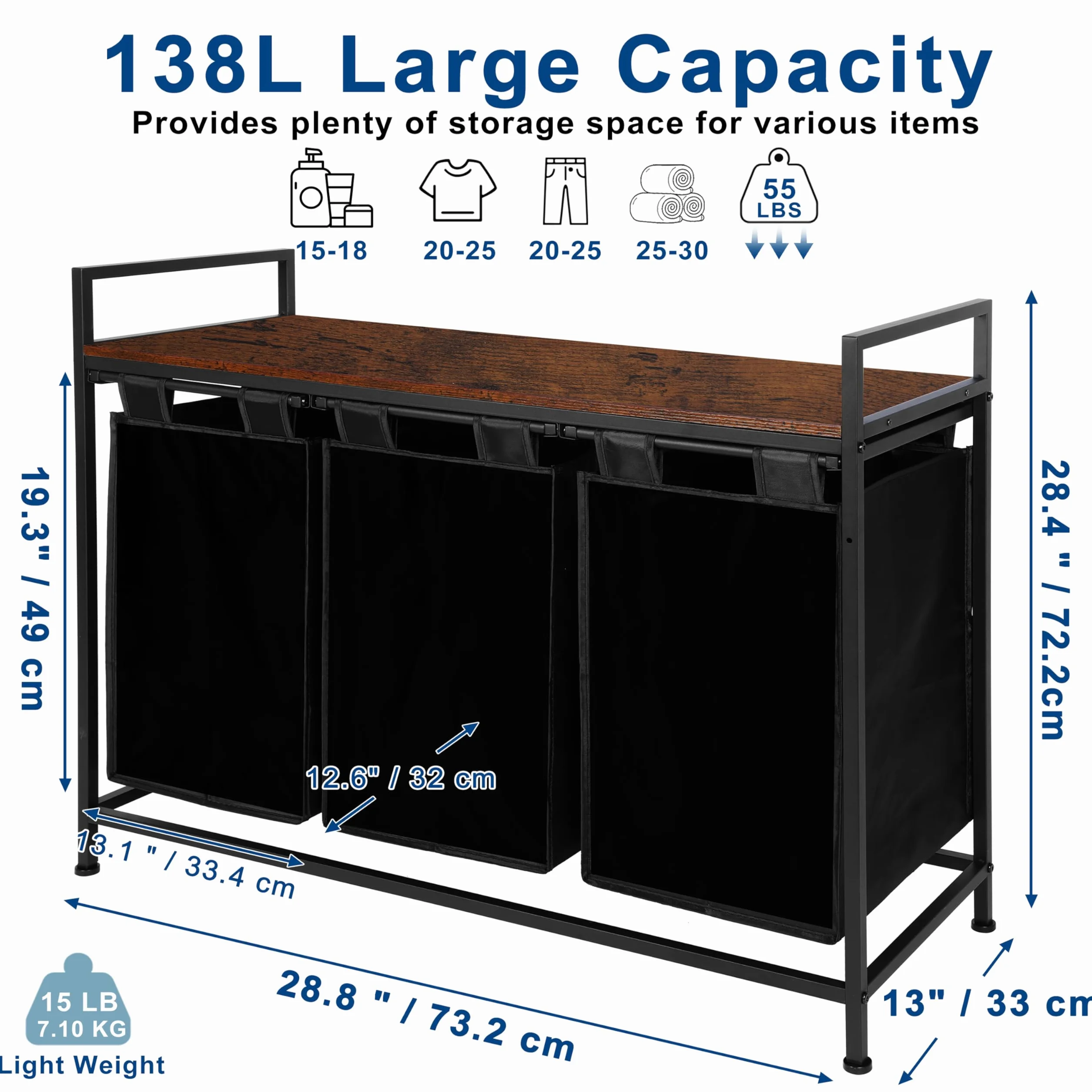 Whitmor Sorter na pranie, kosz na pranie 138 l z półką i 3 wyjmowanymi torbami, 9 × 46 l, 90 × 33 × 71 cm, organizer na brudne ubrania do pralni, łazienki, akademika, czarny