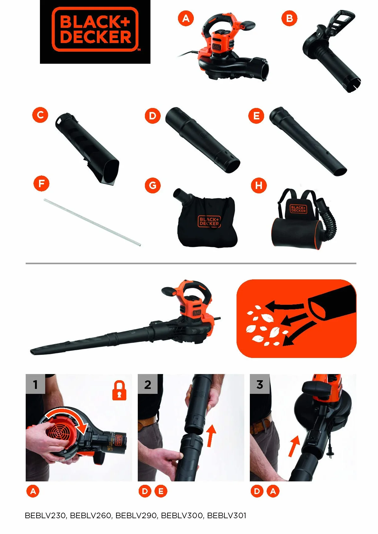 Black & Decker Elektryczny Odkurzacz do Liści 3 W 1, Odkurzacz, Dmuchawa I Rozdrabniacz do Liści, 3000 W, Plecak na Liście o Pojemności 72L oraz Grabie, BEBLV301