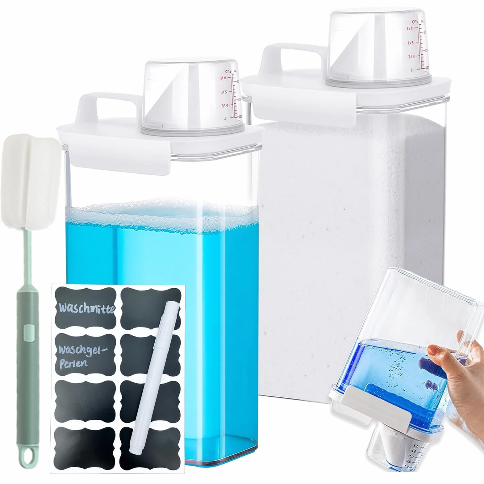 Przechowywanie środków piorących, 2 sztuki, 2300 ml, uniwersalne pudełko na środki piorące, przezroczyste pudełko do przechowywania proszku do prania, z miarką, do pralni, łazienki