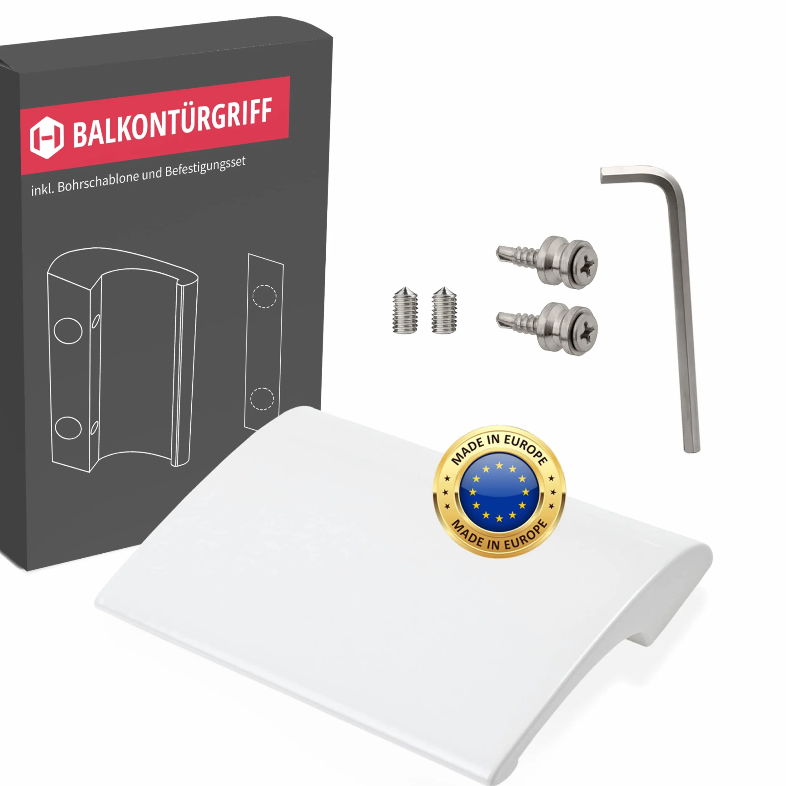 Gedotec DE-LUXE klamka do drzwi balkonowych, zewnętrzna, biała okucie drzwiowe, model DE-LUXE | aluminiowy uchwyt balkonowy do drzwi | długość 82 mm | wygięty uchwyt mocujący | 1 sztuka uchwytu na drzwi tarasowe ze śrubami