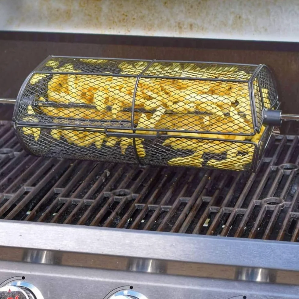 BBQ-Toro Koszyk do grilla ze stali nierdzewnej na obrotowy rożen | 42,5 x 21 x 16 cm | uniwersalny rondell do grilla gazowego i wielu innych | obrotowy kosz, okrągły kosz