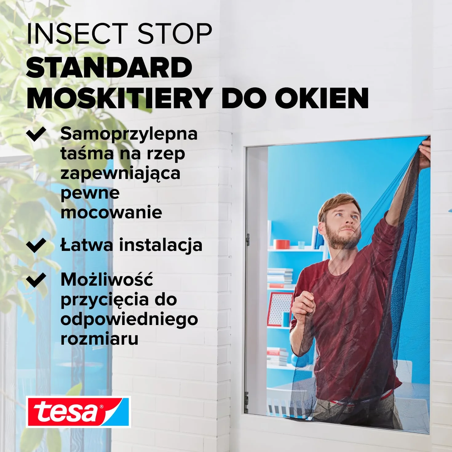 tesa INSECT STOP H&L Fly Screen for Window - siatka z taśmą rzepową, przycinana na wymiar, bez wiercenia - 1 siatka - 130 x 150 cm - biały