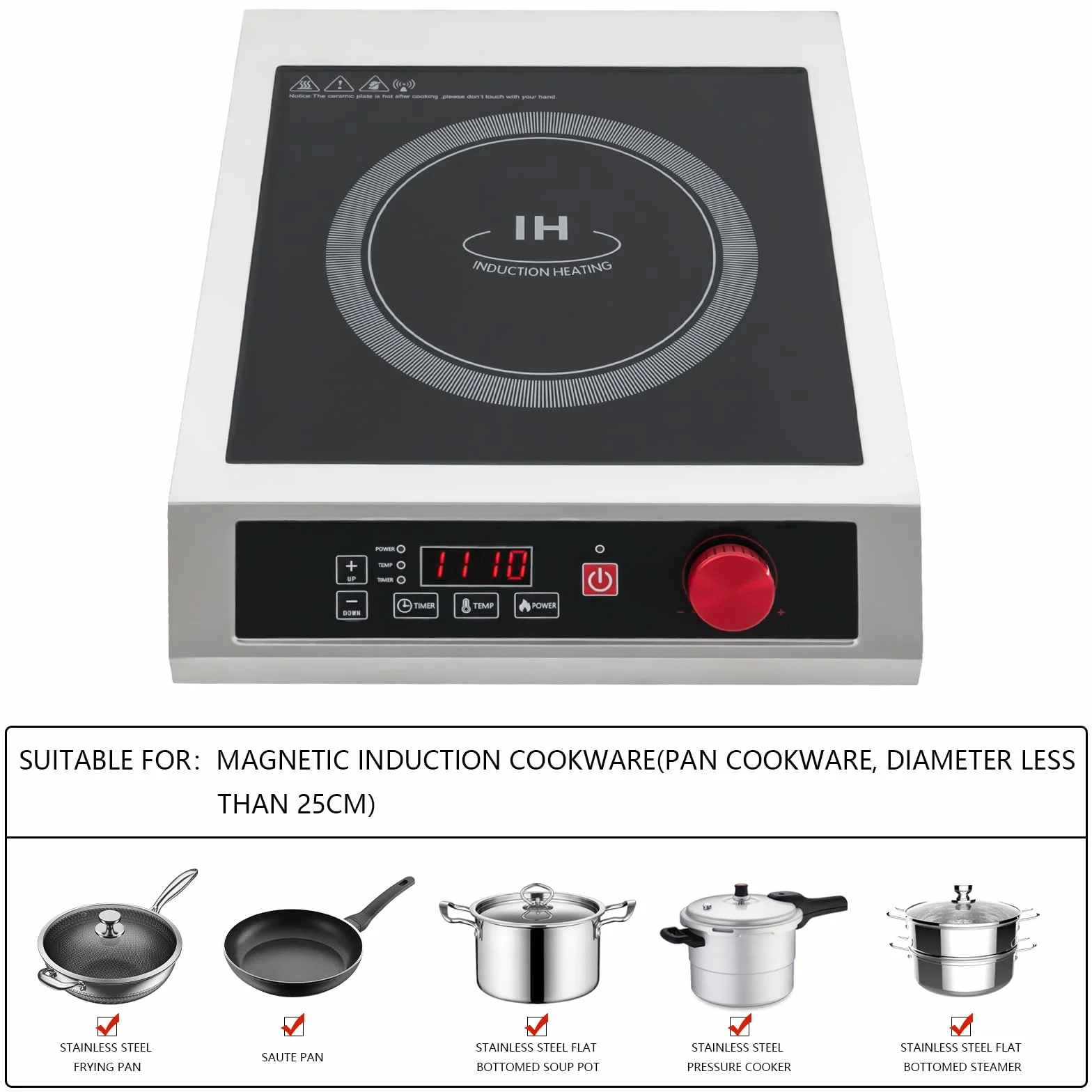 Kuchenka indukcyjna komercyjna 3500 W z wyświetlaczem LED, 10-stopniowa regulacja temperatury, czarny panel kryształowy