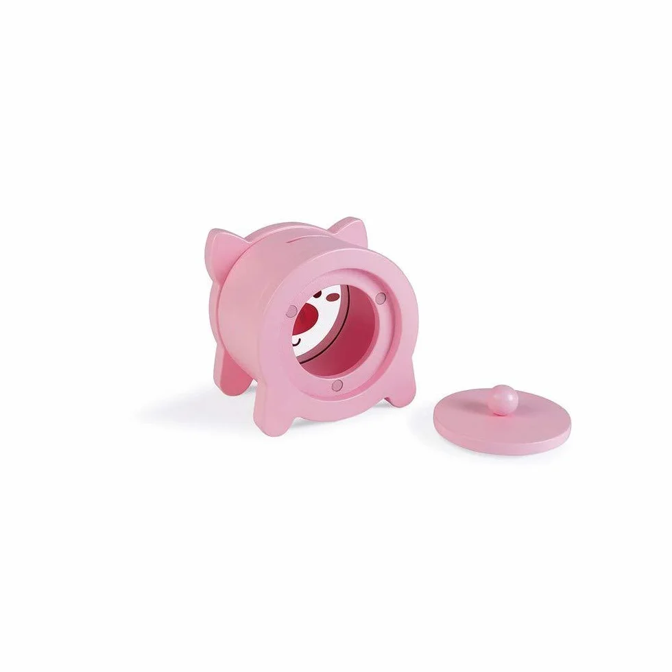 Janod - Wooden Children’s Piggy Bank 5.9 inch - See-Through Side and Magnetic Opening - Children's Room Decoration - Suitable for Ages 3 and Up, J04653