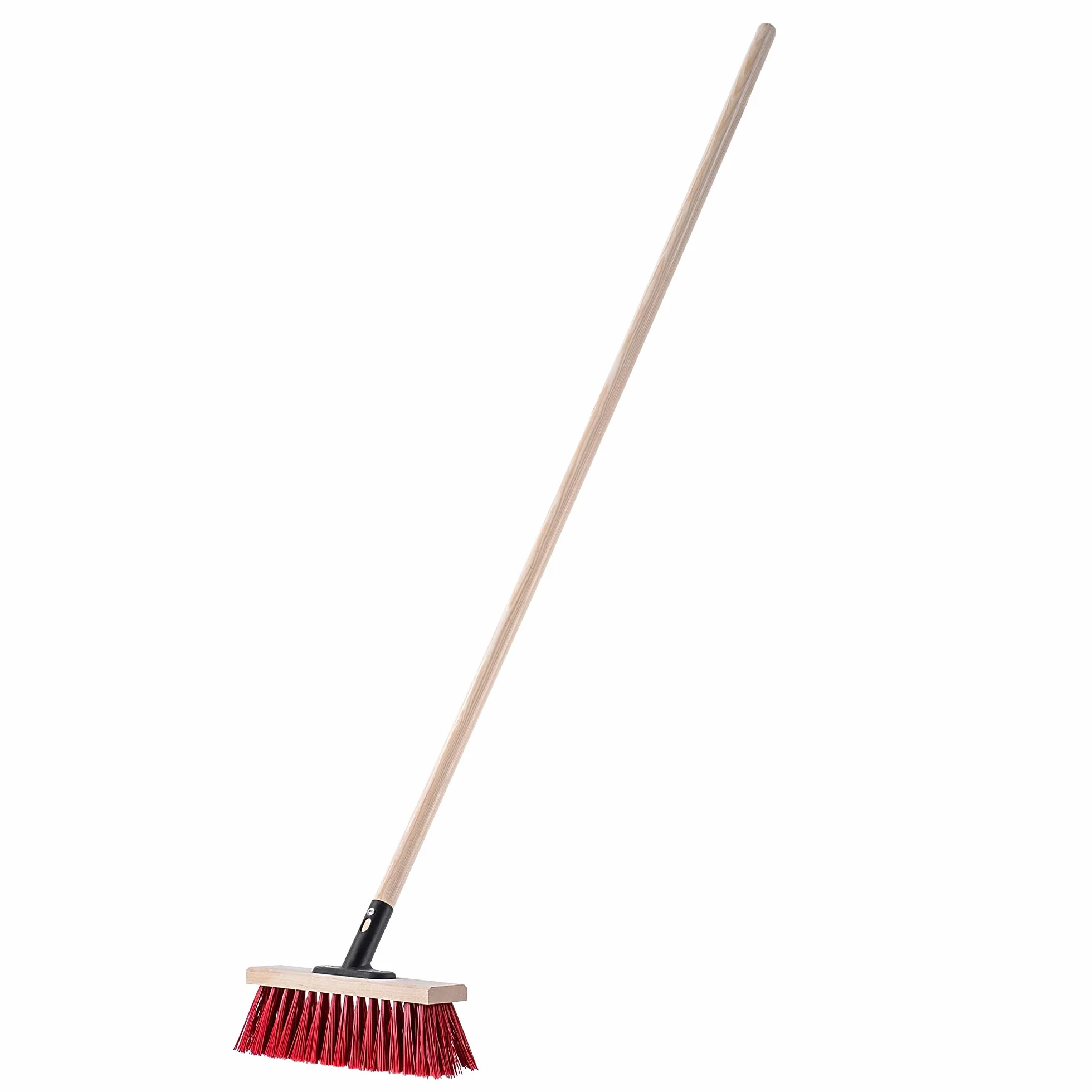 KADAX Miotła uliczna 30 cm, długi drewniany trzonek i metalowy uchwyt, wytrzymałe włosie nylonowe, kolor czerwony, do chodnika i podjazdu, skuteczna na piasek i brud