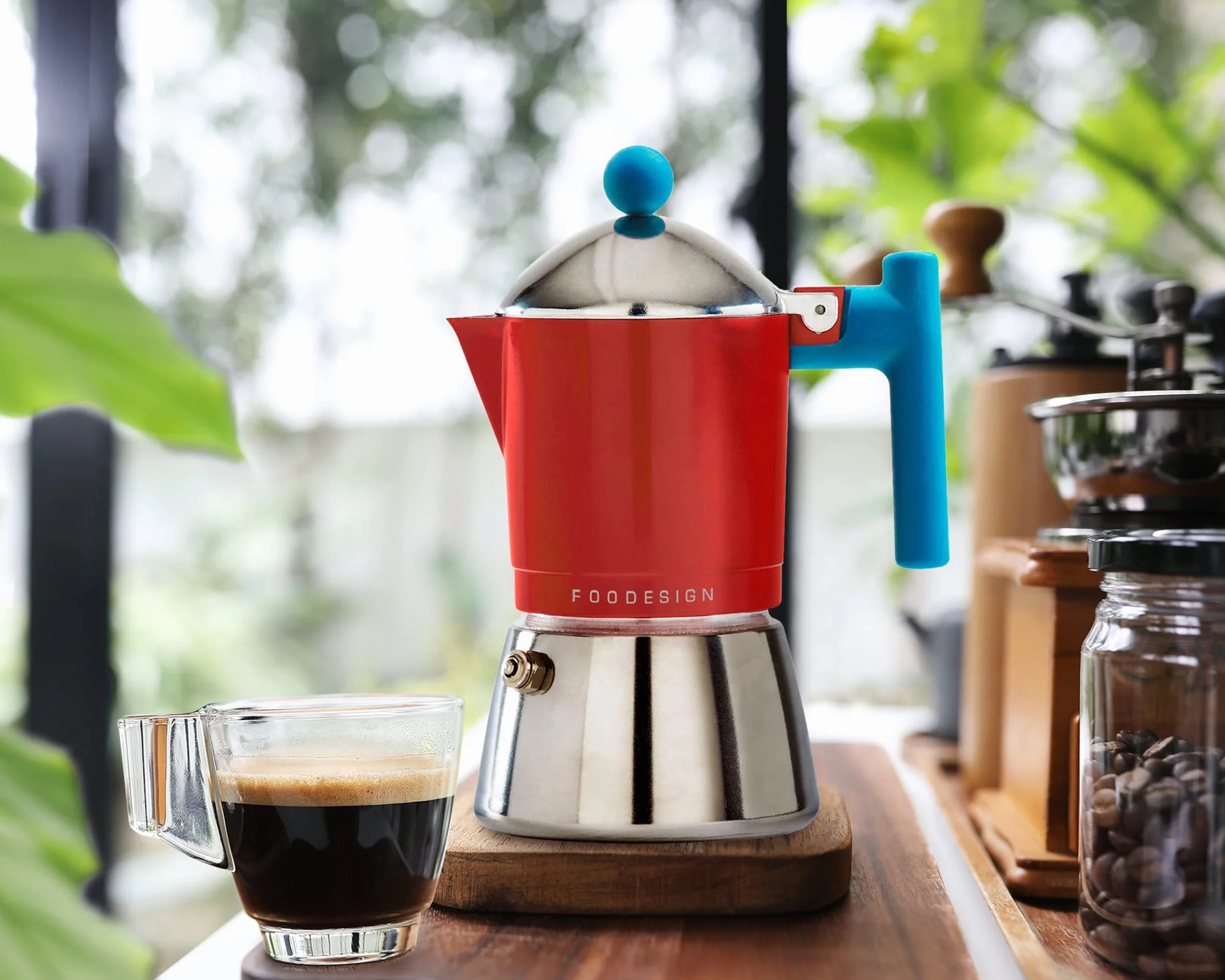 Moka Cocca zaparzacz do espresso na 3 filiżanki, nowoczesne wzornictwo, na gaz i indukcję, czajnik z bimateriału