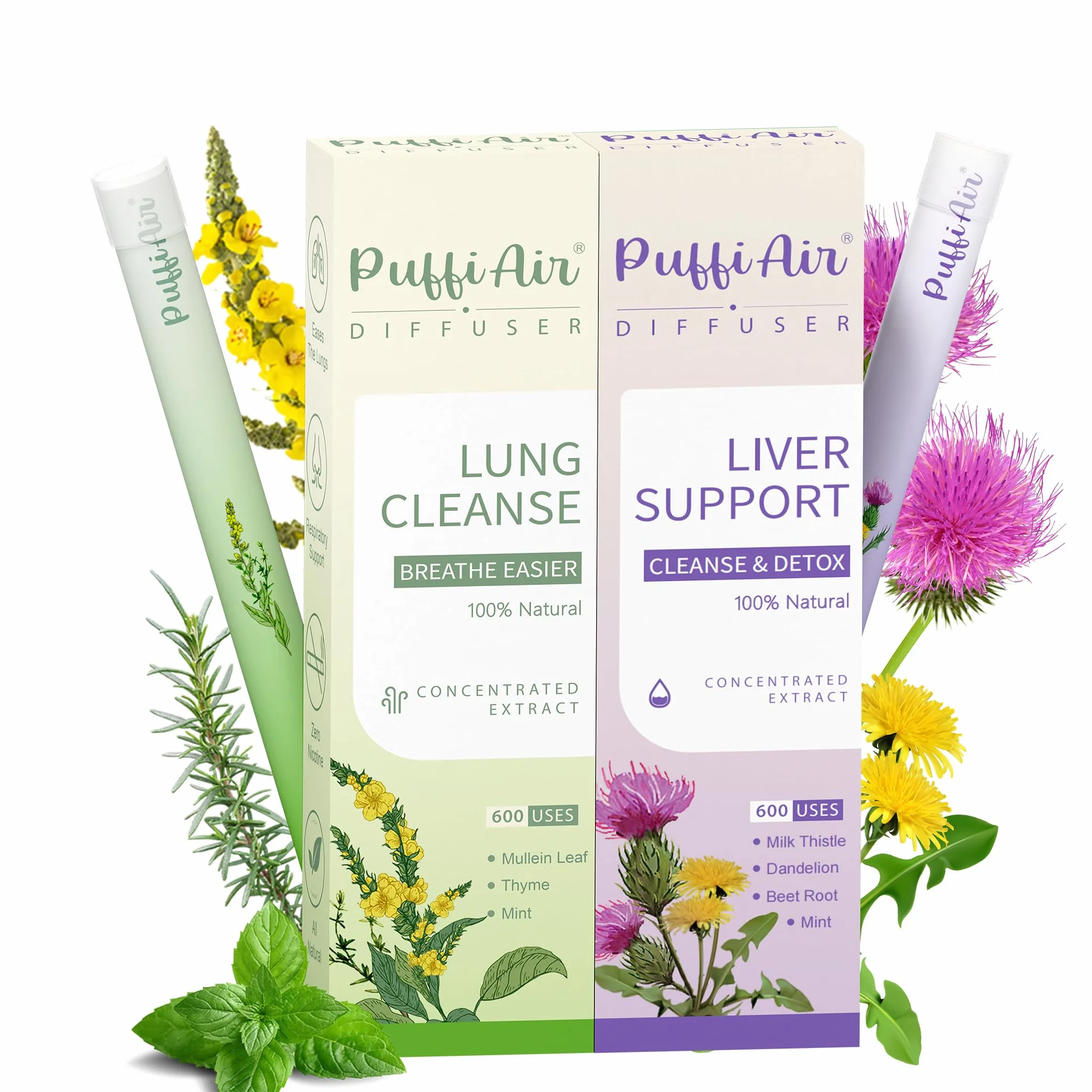 PUFFIAIR Naturalny dyfuzor ziołowy Pen Dziewanna i Ostropes plamisty Zestaw dyfuzorów丨Wewnętrzna równowaga Duo-600 użyć na sztukę