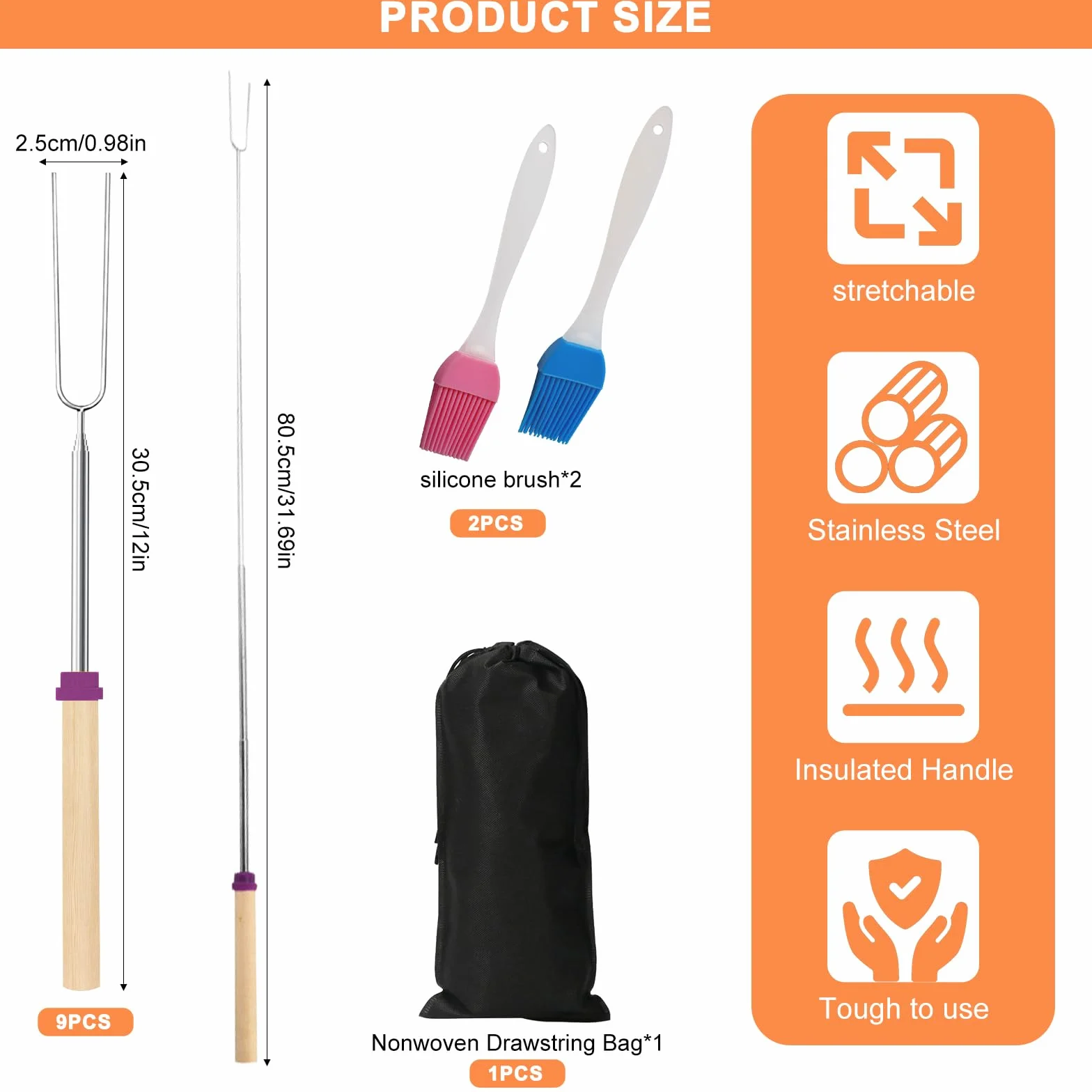 lafo 9 sztuk teleskopowych szaszłyków do grilla i marshmallow, wysuwane 30,5 – 80,5 cm, stali nierdzewnej trwałe szpikulce do grillowania