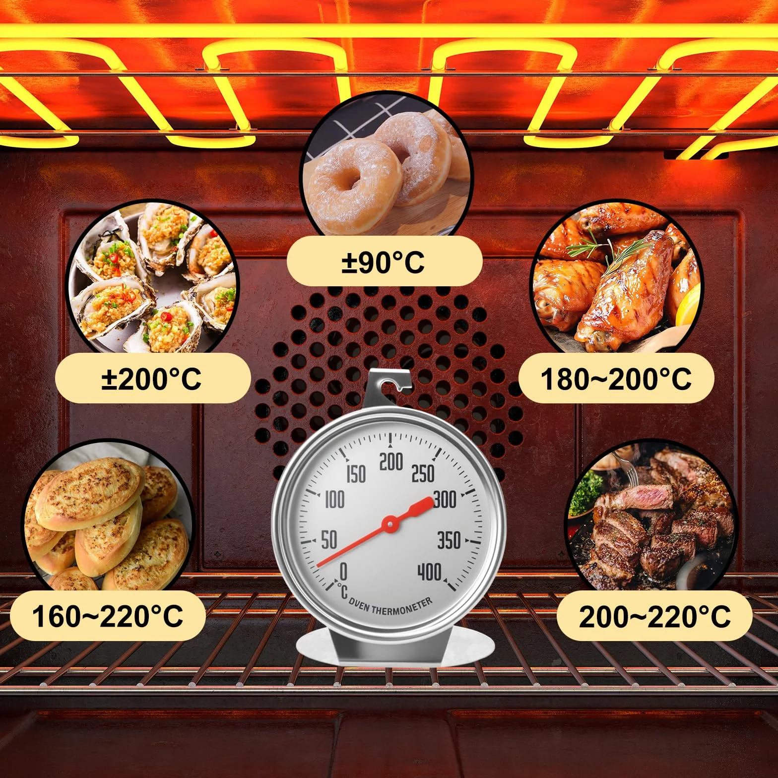 Termometr do Piekarnika (0-400°C), Termometr do Piekarnika ze Stali Nierdzewnej, Do Zawieszenia i Postawienia, Cyferblat o Średnicy 7 cm, Do Piekczenia i Gotowania