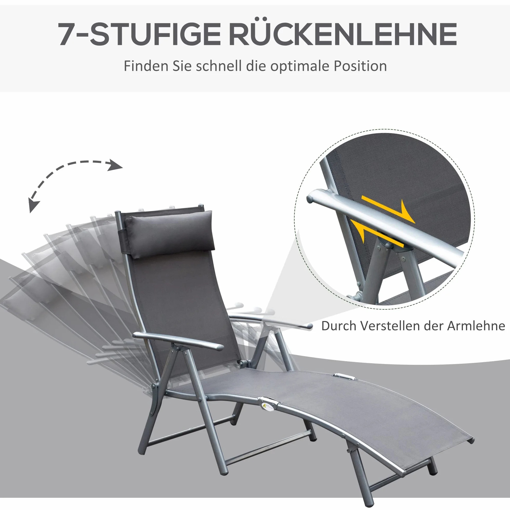 Outsunny ligstoel ligbed voor op het strand ligbed voor buiten inklapbaar verstelbaar met kussen tuin grijs metaal + stof grijs 137 x 63,5 x 100,5 cm