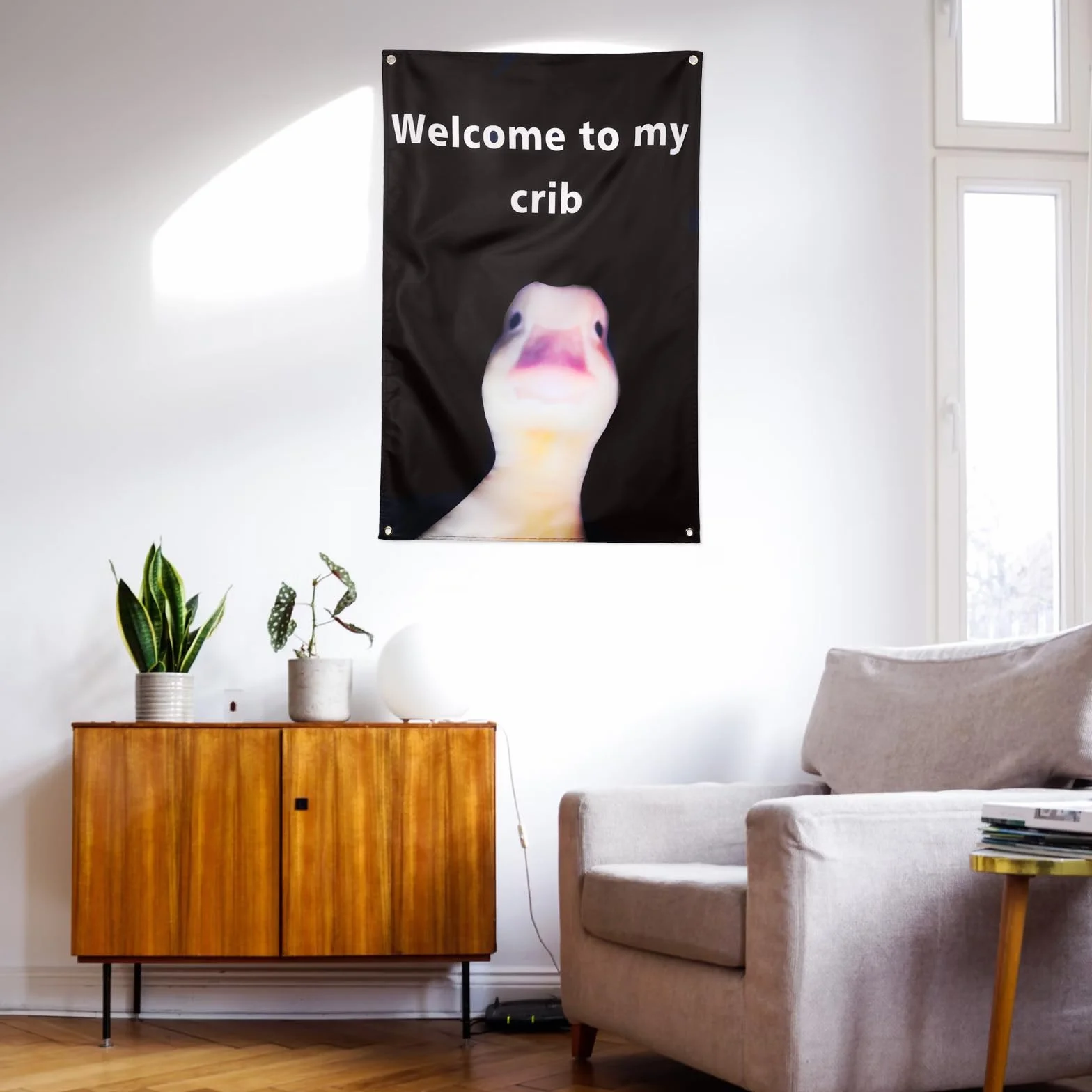 WY LIGHTING LEVEL Zabawna kaczka gobelin wiszące flagi poliester czarny 90 x 60 cm 'Welcome to My Crib Duck Face Backdrop Cute Cave Wall Flags z przelotkami do domu, akademika, na imprezę, ślub
