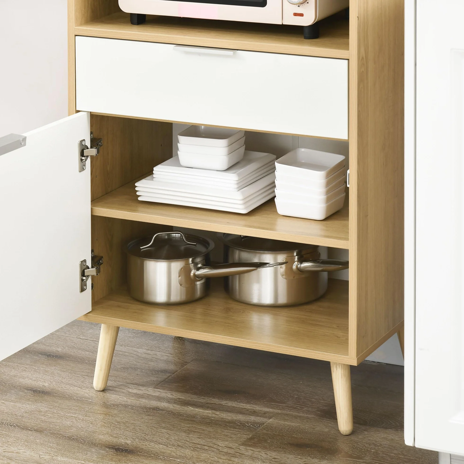 HOMCOM Szafka kuchenna do mikrofalówki w stylu skandynawskim, z szafką, szufladą, z regulowaną półką, 58 x 40 x 118 cm, naturalna i biała
