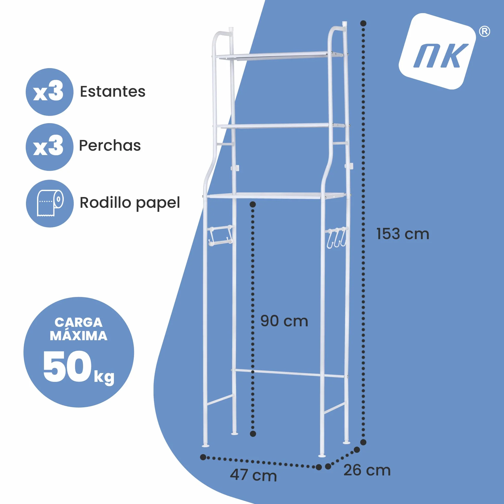 NK Regał Łazienkowy Nad Toaletę – 153×47×26 cm, 3 Półki Górne, 3 Haczyki, Uchwyt Na Papier, Antypoślizgowe Nóżki, Żelazo + PP, Biały, Łatwy Montaż