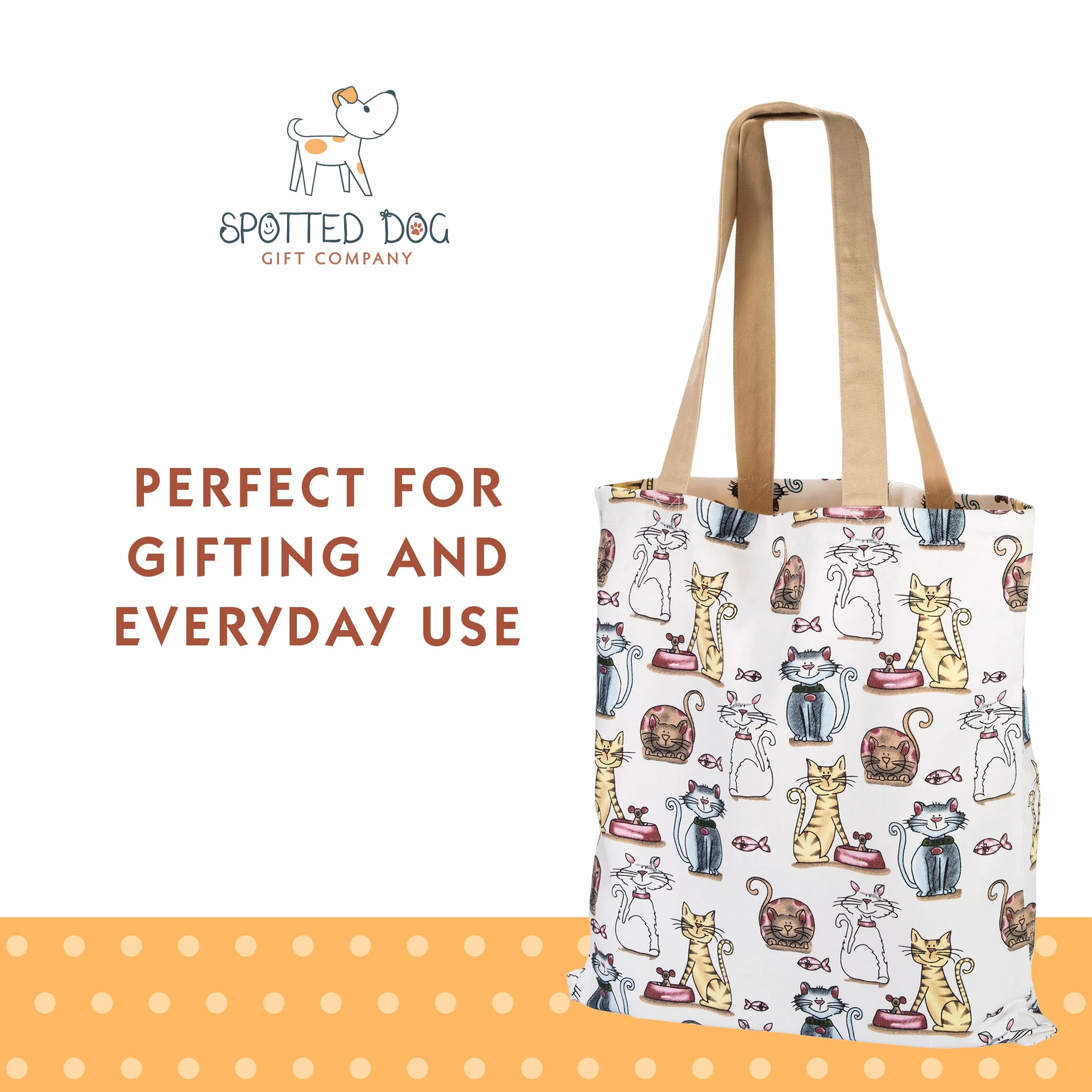 SPOTTED DOG GIFT COMPANY Płócienna torba na zakupy dla kobiet, torba na zakupy wielokrotnego użytku, gruba bawełniana torba na zakupy z długimi uchwytami, Składany z motywem kotów 38 x 42 cm