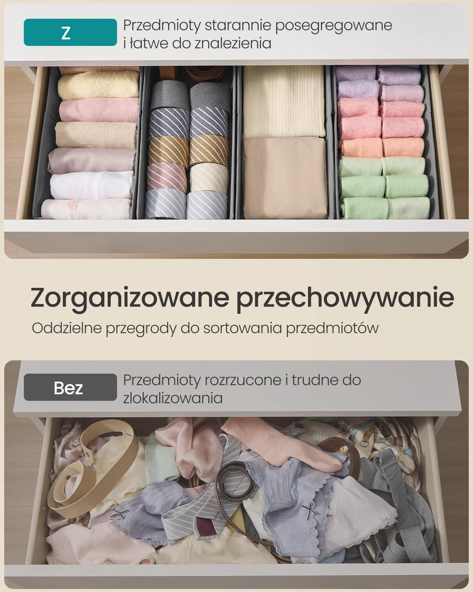 SONGMICS Zestaw 4 organizerów na bieliznę, organizer do szuflady do komód IKEA HEMNES i MALM, bez przegródek, składany organizer do szafy, 40 x 16 x 10 cm na skarpetki, gołębi szary RUS012G01
