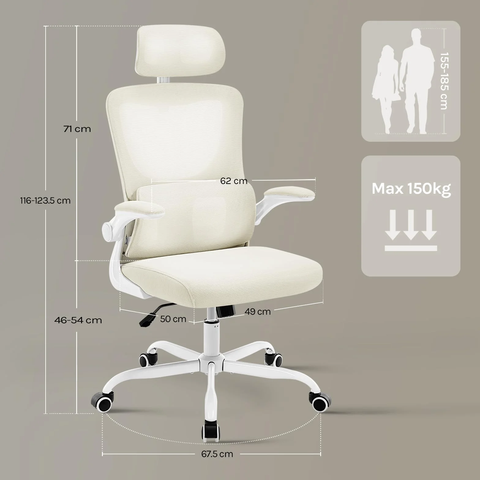 WOLTU Ergonomiczne krzesło biurowe, krzesło biurowe z funkcją bujania, regulowany zagłówek, odwracane podłokietniki, podparcie lędźwiowe, krzesło robocze do biura, krzesła biurowe 150 kg, beżowe