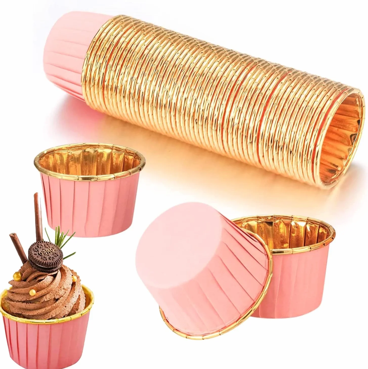 50 różowych złotych foremek do muffinek papierowych foremek do pieczenia powlekanych filiżanek nadają się do pieczenia, nie są potrzebne żadne dodatkowe formy