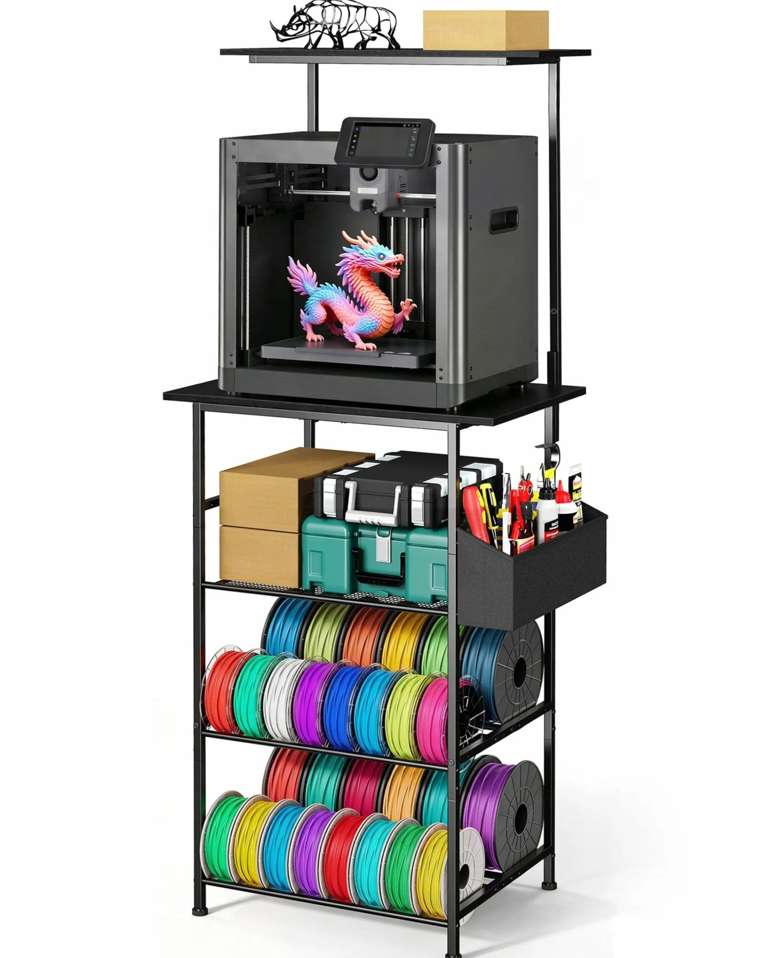 Stolik do drukarki 3D, 5-poziomowy stojak na drukarkę, metalowa szafka na drukarkę z miejscem na filament i kieszenią boczną, regał na drukarkę do mocowania na ścianie, do biura, domu, szkoły