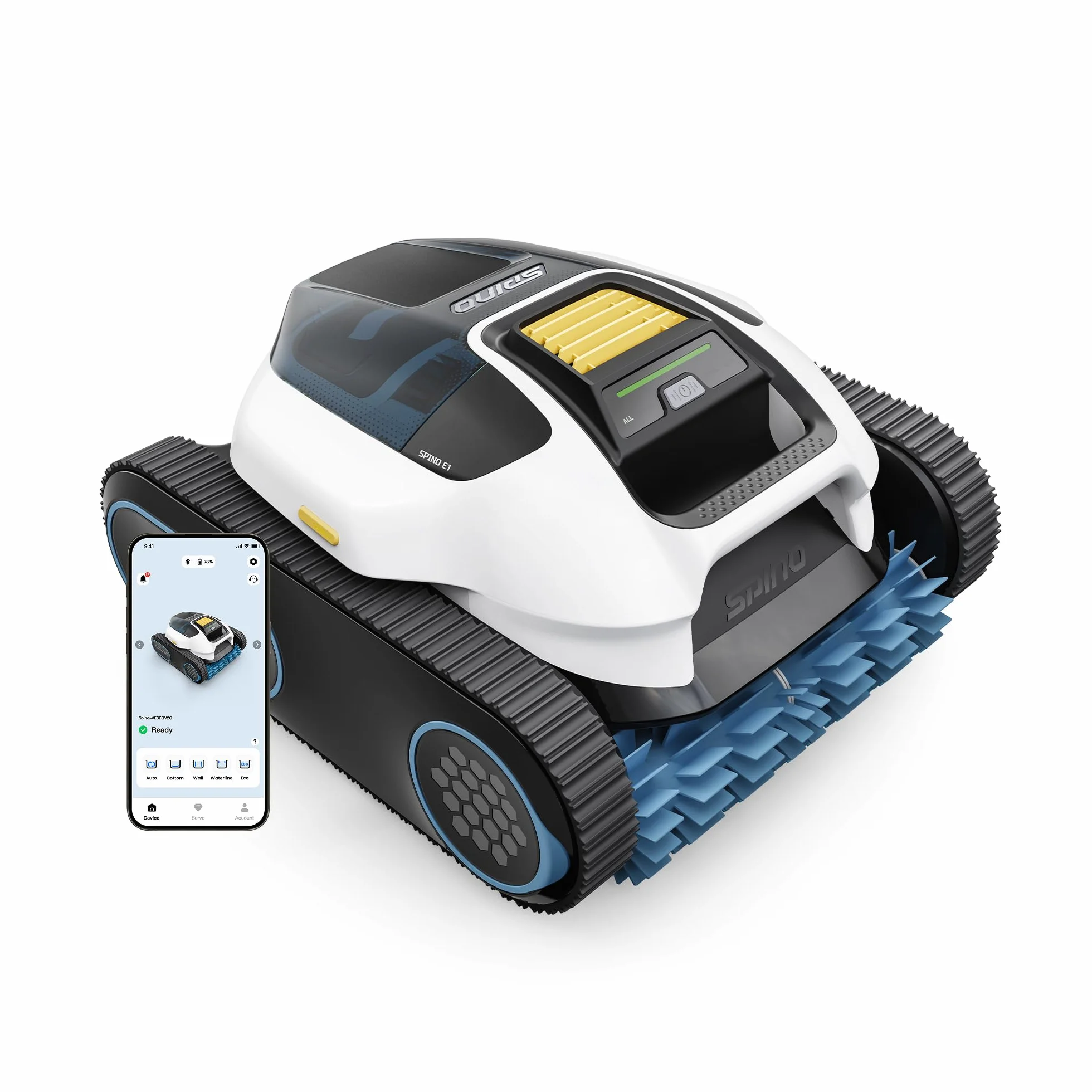 Bezprzewodowy robot basenowy SPINO E1, czas pracy 210 minut, wydajność 21950 l/h, 5 trybów pracy robota basenowego, czyszczenie ścian i linii wodnej, sterowanie aplikacją, ścieżka SmartArc