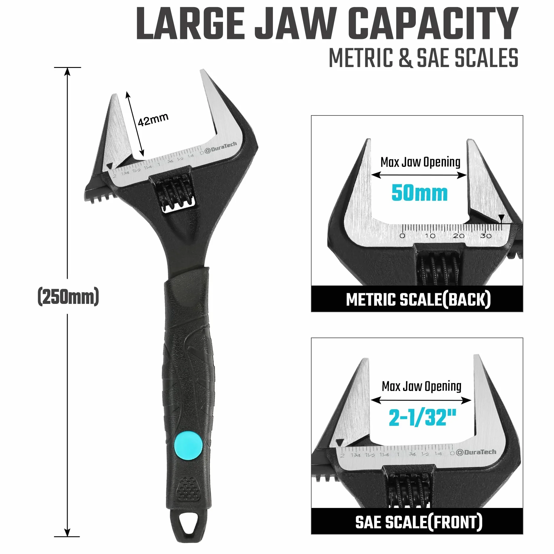 DURATECH Klucz nastawny 250 mm, szeroki szczękowy duży otwór czarne wykończenie tlenkowe klucz do umywalki narzędzie do naprawy ręcznej, stal Cr-V, SAE i waga metryczna, ergonomiczny uchwyt