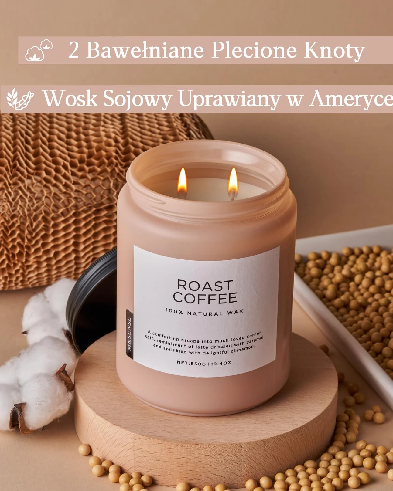 M&SENSE ŚWIECA ZAPACHOWA - Intensywna Kawa | 2 Knoty | Naturalny Wosk Sojowy 550g | 110h Palenia | Prezent do Domu