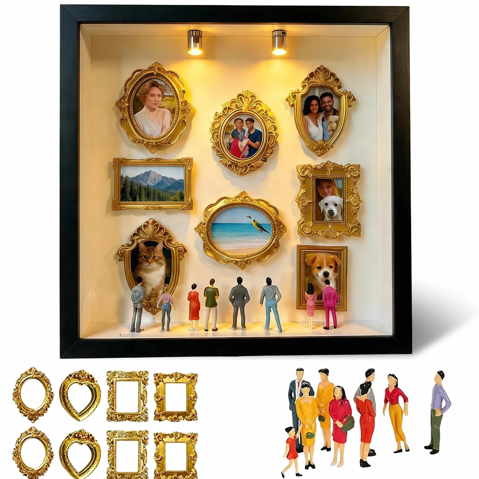 Mini muzeum "zrób to sam", małe ramki muzealne z 8 mini złotymi ramkami i 8 przypadkowymi figurkami, kreatywna ramka na zdjęcia ze światłem LED, dekoracja domu, rocznica, ślub, urodziny (czarne)
