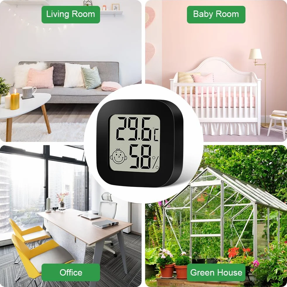 Ainiv Cyfrowy mini higrometr/termometr pokojowy, do pomieszczeń, z wyświetlaczem LCD i ikonami twarzy, z monitorem wilgotności/temperatury, do sypialni, pokoju dziecięcego, samochodu, 2 sztuki