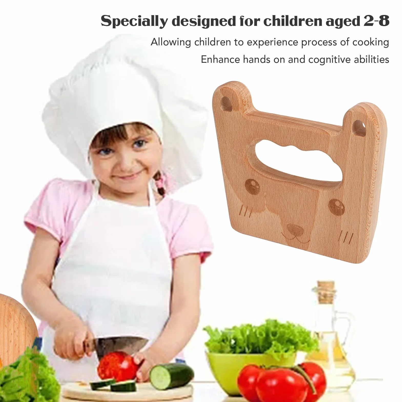 Drewniany Nóż Montessori dla Dziecka Ergonomiczny Nóż Kuchenny z Drewna Bukowego (Kot)