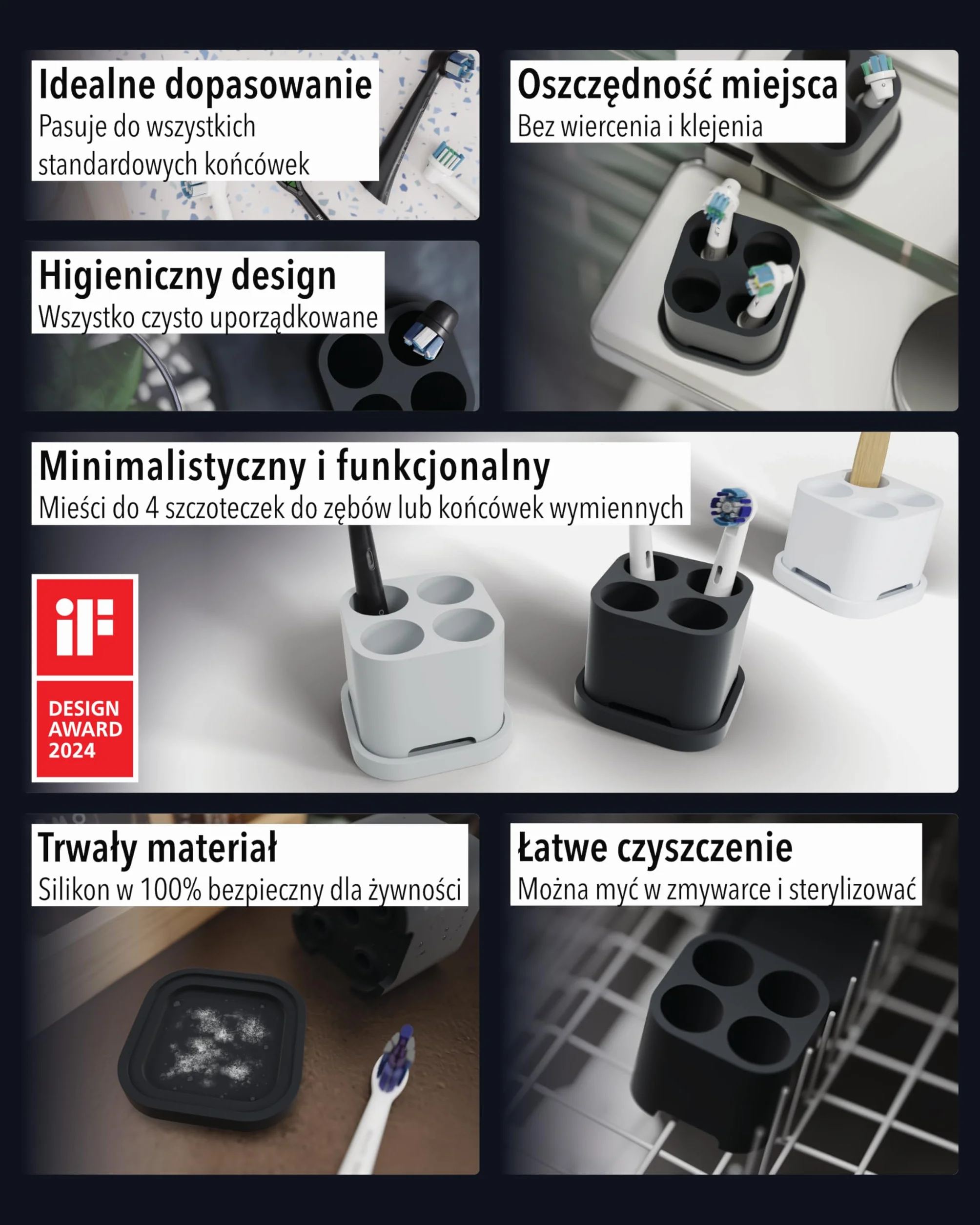 Qikfresh - Uchwyt na 4 końcówki i szczoteczki do zębów - Kompatybilny z Oral-B, iO, Philips Sonicare, Waterpik, Fairywill - Silikon spożywczy (Czarny)