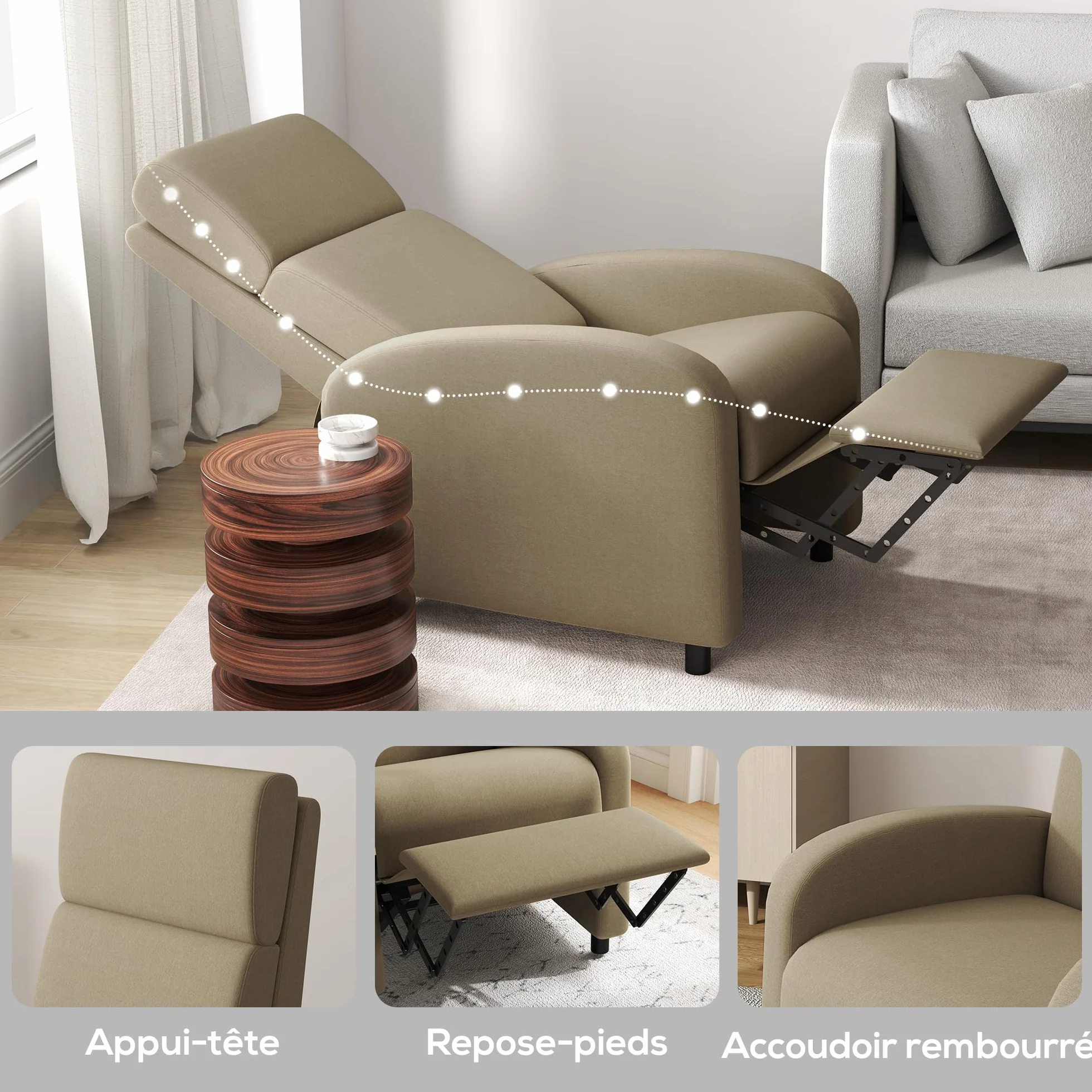 HOMCOM Fotel Relaksacyjny, Fotel Relaksacyjny z Ręcznym Regulowanym Oparciem, Wbudowany Podnóżek, Do Salonu, Sypialni, Biura, Kina Domowego, Obciążenie 120 kg, Beżowy