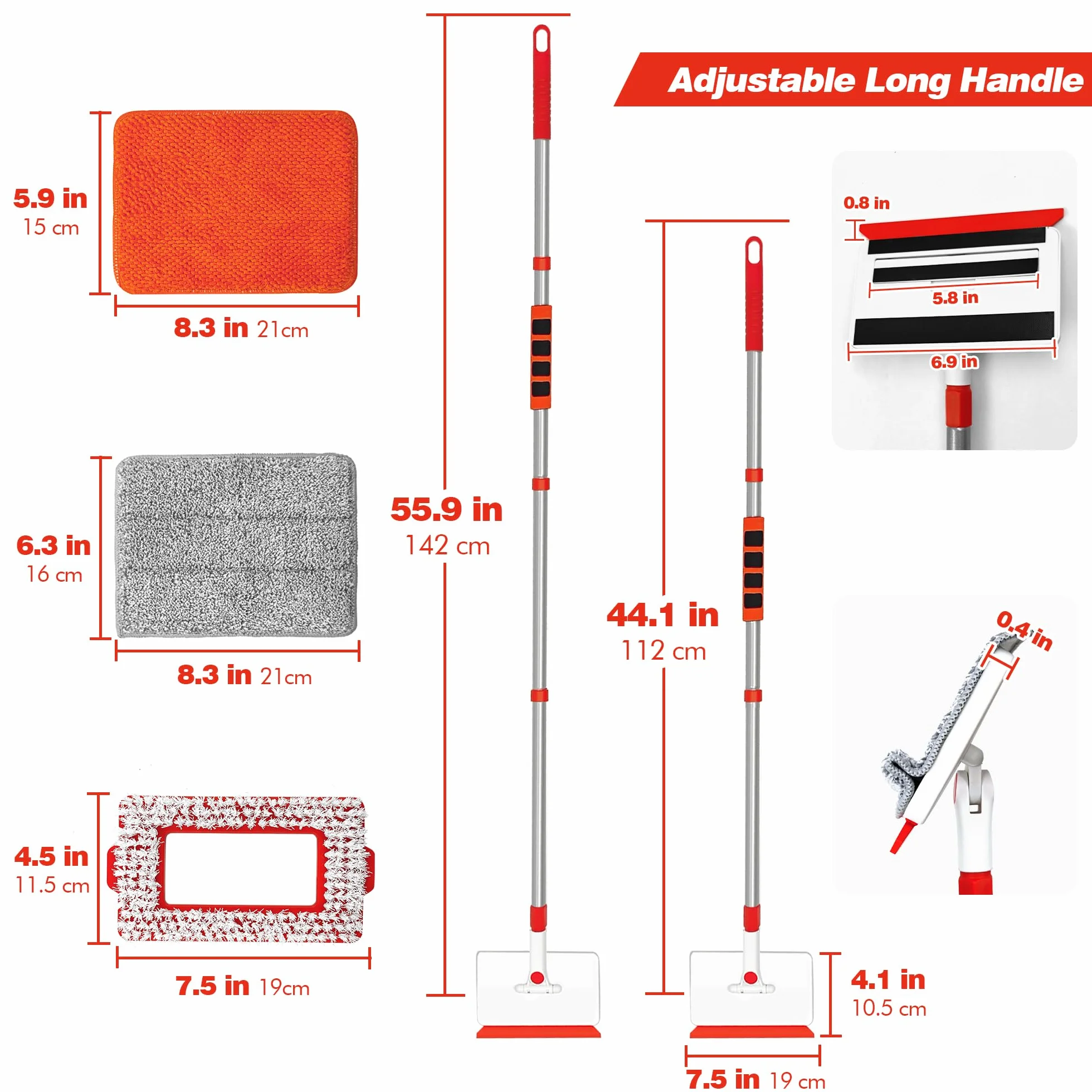 JEHONN Mop podłogowy z długim uchwytem 142 cm, narzędzie do czyszczenia chodaków z uchwytem, 1 szczotka z twardym włosiem, 2 podkładki szenilowe i 2 x mikrofibra