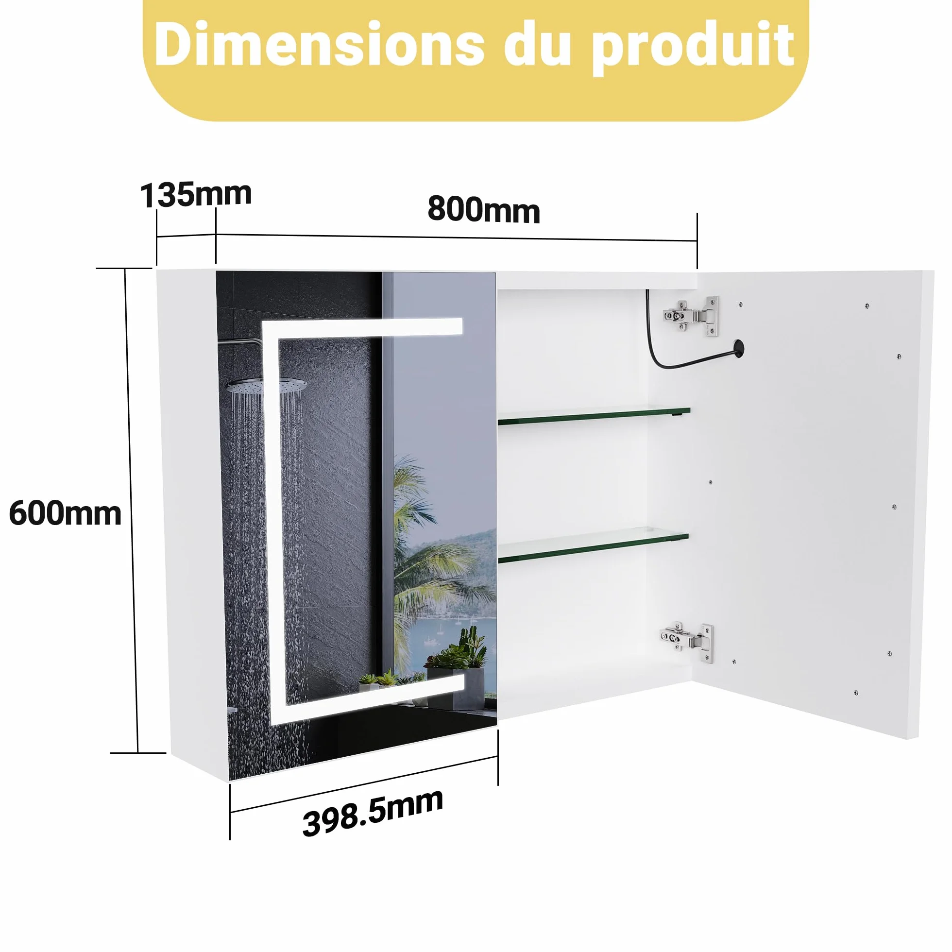Szafka łazienkowa z lustrem i oświetleniem LED, szafka toaletowa z lustrem 80 x 13,5 x 60 cm z miejscem do przechowywania, przeciwmgielna, do łazienki, kuchni, a nawet salonu (podwójne drzwi)