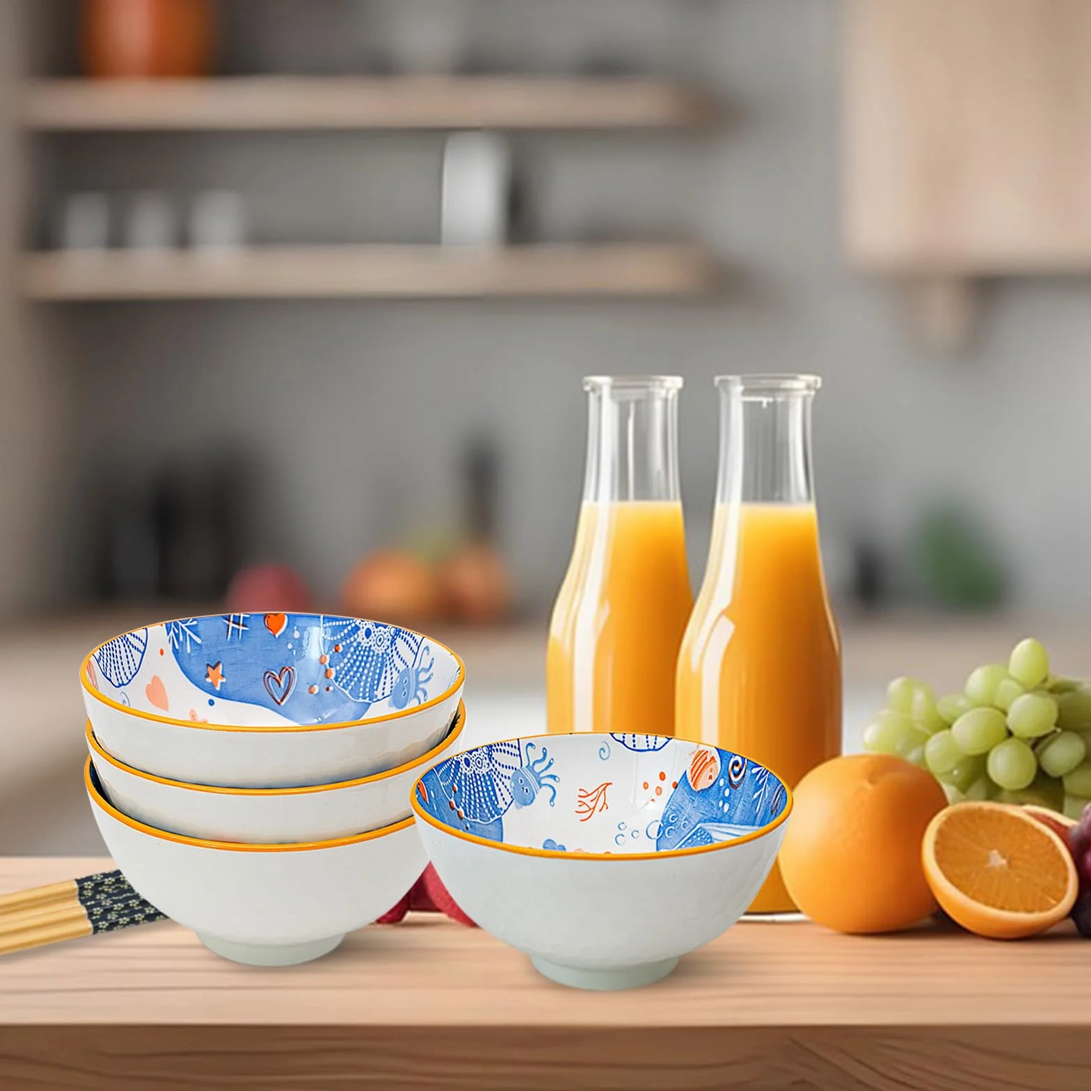 Zestaw 6 ceramicznych misek 300 ml z wzorem niebieskiego wieloryba do ryżu, deserów, musli, lodów, zup i sałatek