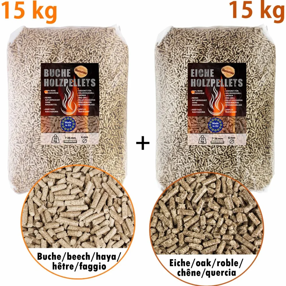 Pellet Dębowy 15 kg + Bukowy 15 kg - Grill Wędzarniczy, Drewno do Pieca Pizzy, BBQ, Grillowania, Wędzenia, Ogrodu - Akcesoria