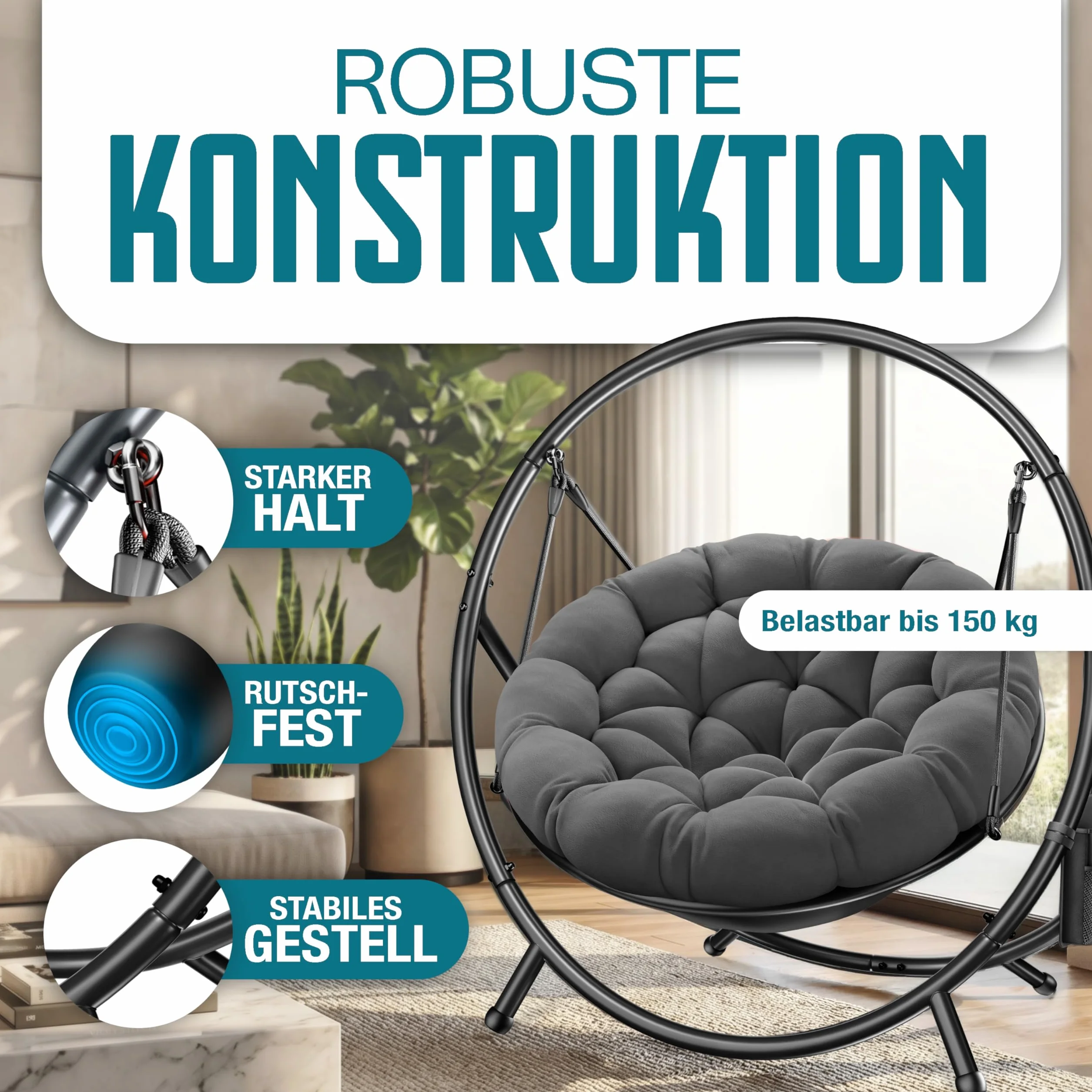 KESSER® Fotel wiszący ze stalowym stelażem, huśtawka, do 150 kg, do użytku wewnątrz i na zewnątrz, z poduszką i kieszenią boczną, kosz wiszący, piankowa poduszka, idealny do salonu i ogrodu