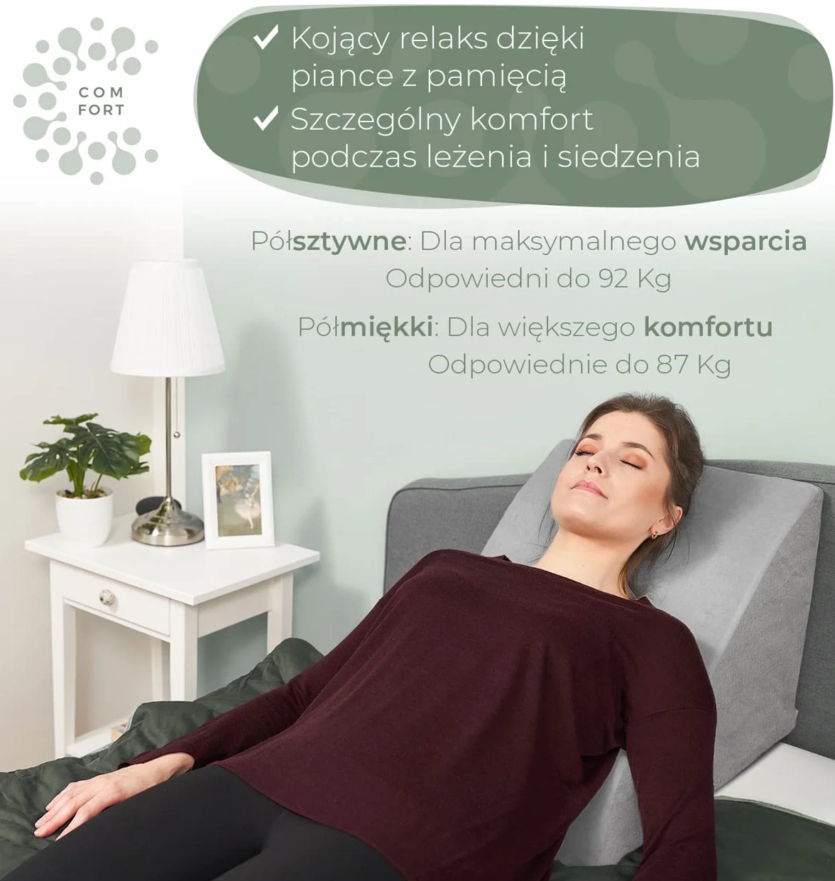 WELL B4 Ergonomiczna poduszka do czytania do łóżka i sofy, ŚREDNIA WAGA - Wygodna poduszka pod plecy z pianką z pamięcią kształtu - poduszka klinowa do łóżka, szary