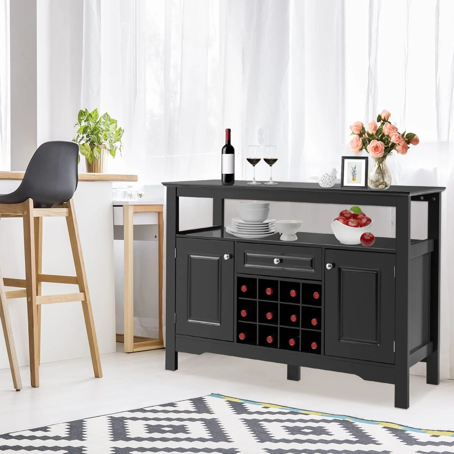 Giantex Stół na butelki, 2 półki, 12 butelek, piwnica z 1 szufladą i 2 drzwiami, Uchwyt na butelkę do przechowywania i wystawiania wina, 116x40x82cm, 3 kolory (czarny)