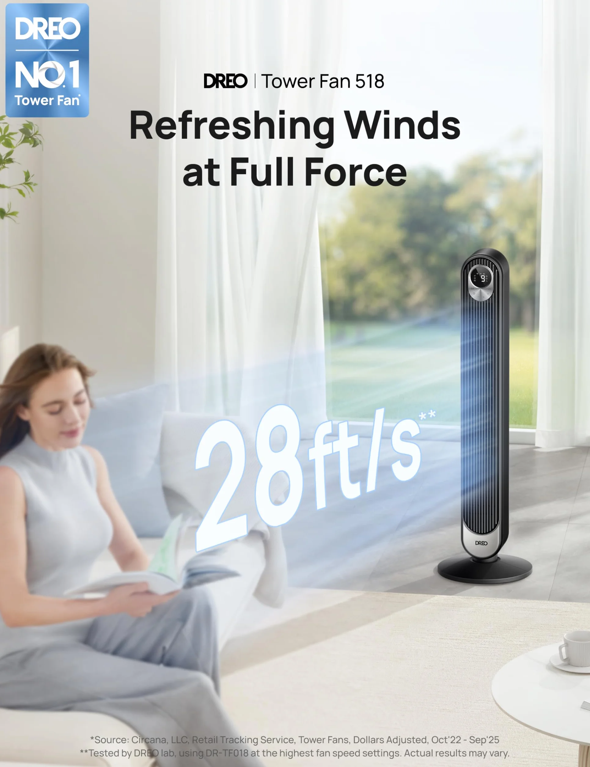 Dreo 106 cm Wentylator wieżowy, cichy mobilny wentylator z timerem i oscylacją 90°, tower fan z timer do 12 godzin, 4 tryby 4 prędkości, 50 W, Czarny