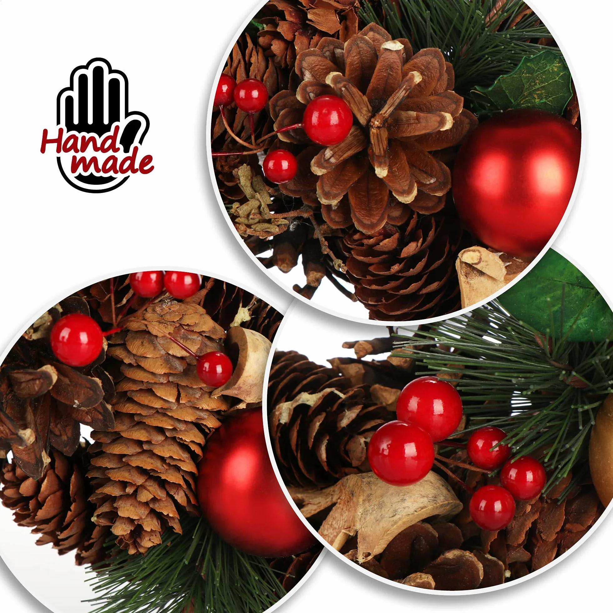 COM-FOUR® Wieniec swiateczny na drzwi - Wieniec adwentowy z szyszkami i bombkami choinkowymi - Wieniec dekoracyjny Ø ok. 30 cm - Dekoracja swiateczna (kulki zlote + czerwone)