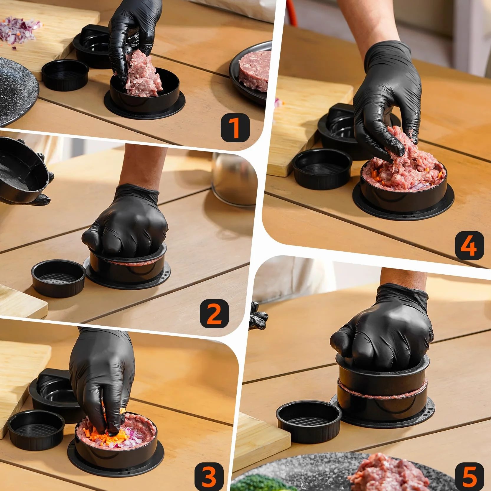 Onlyfire Smash Burger Set, 6-częściowy zestaw narzędzi do grilla, w tym okrągła prasa do burgerów, 2 szpatułki do grilla, prasa do patty, 2 dzwonki do burgerów, zestaw sztućców do grilla do planchy