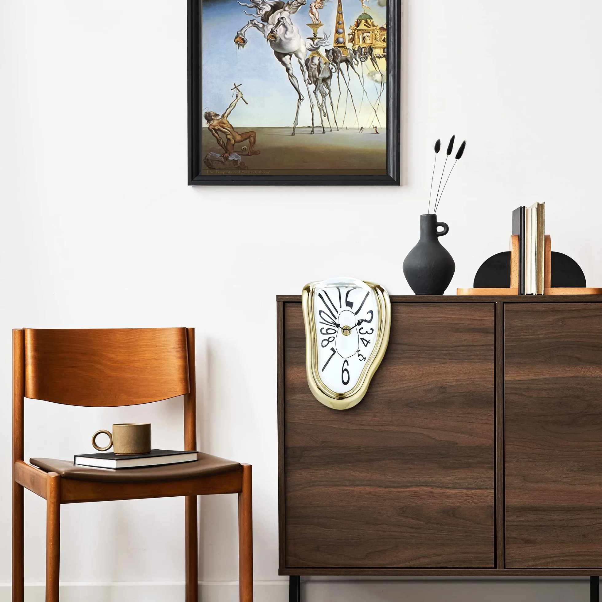 Lafocuse Bezgłośny zegarek Salvador Dali złoty, stopiony zegar bez odgłosów tykania, nowoczesny zegar stołowy, topiąca się dekoracja na półki, biurko, 18 x 13 x 15 cm