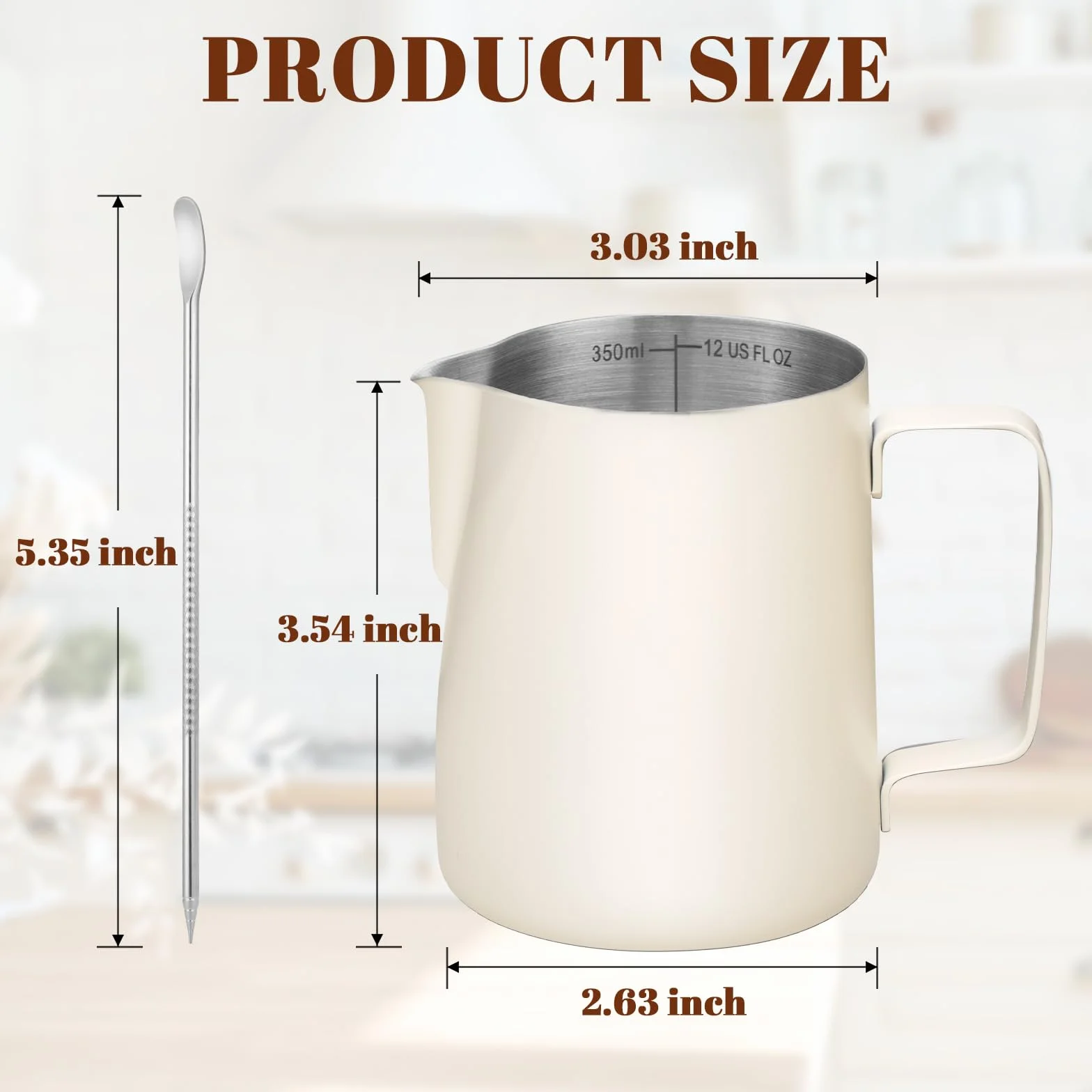 Amrules Dzbanek do spieniania mleka, kubek do spieniania mleka 350 ml z przezroczystą skalą, ze stali nierdzewnej 304, akcesoria do ekspresu do kawy baristy, z piórem latte, beżowy